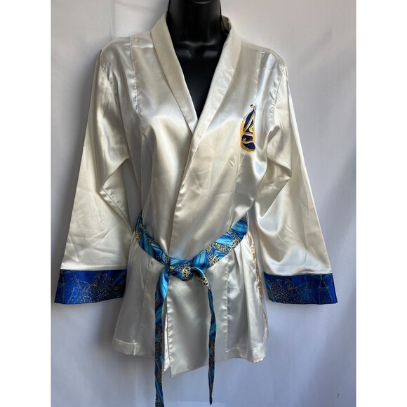 Antonio Stefano Cream White Satin Robe Size M Gold Blue Novelty Leopard Print - Picture 1 of 12